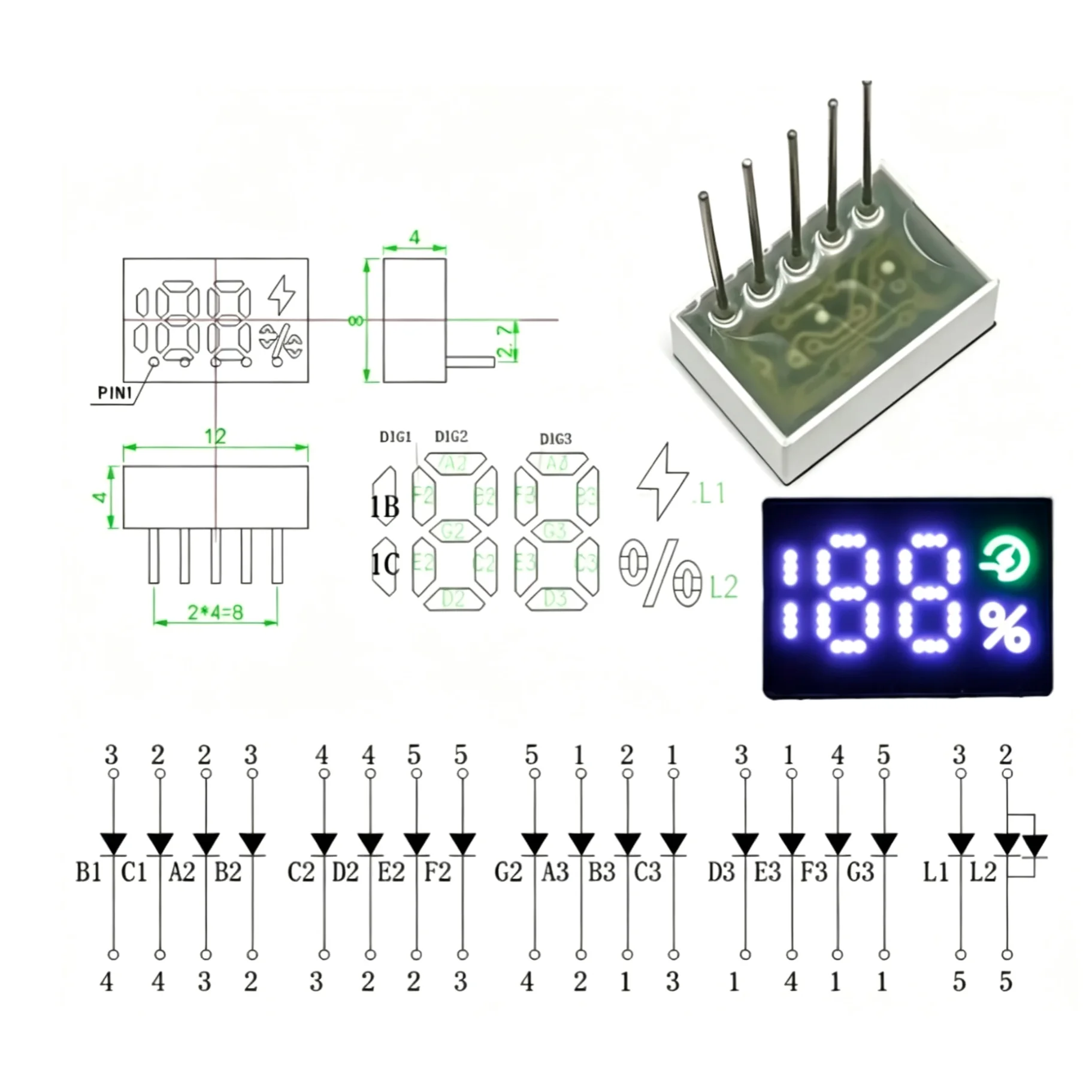20PCS LED digital tube 0.25-inch 188 % White Light Display with Lightning Percentage Fast charging Symbol bottom single row 5pin