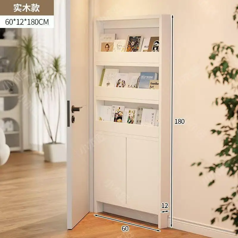 Solid wood with door ultra-thin storage cabinet, bookshelf behind door, extremely narrow shelf without punching, ultra-thin stor