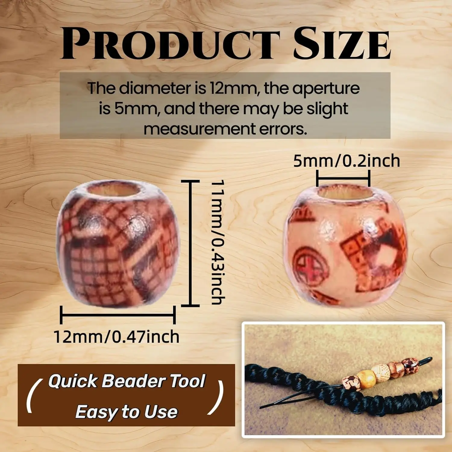 100 قطعة من خرز الشعر الخشبي للضفائر والمجدل، خرز خشبي طبيعي مطلي 12 مم لإكسسوارات شعر Loc Dreadlock للنساء #5