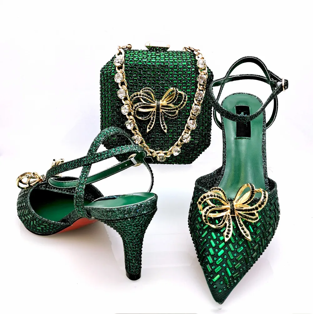 

High Grade Green Women 7.5CM Pointed Toe Shoes Match Handbag With Crystal Decoration African Dressing Pumps And Bag Set QSL068