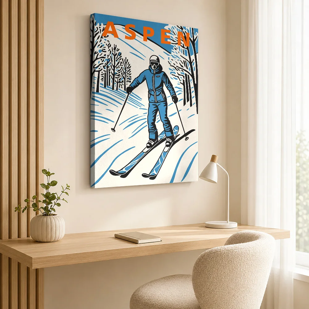 Aspen Skiing Framed Canvas Poster Personalized Photo Sports Portrait Wall Art for Bedroom Decor Collectible Ready to Hang Gift