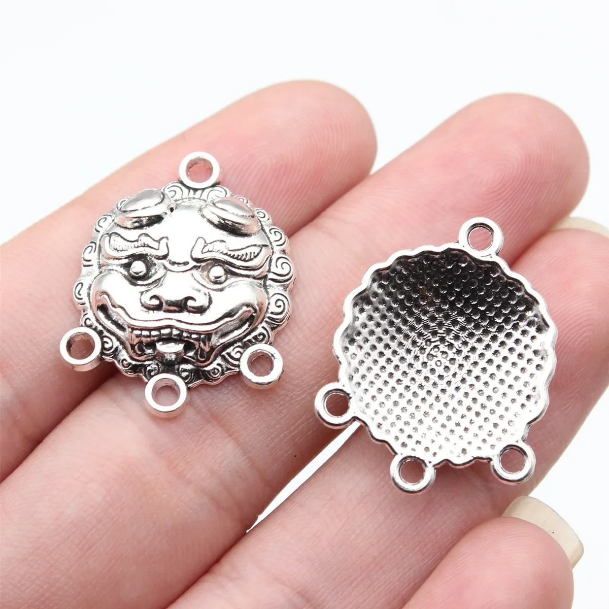 WYSIWYG 5pcs 25x20mm Antique Silver Color Chinese Style Lion Dance Porous Connector For DIY Jewelry Making