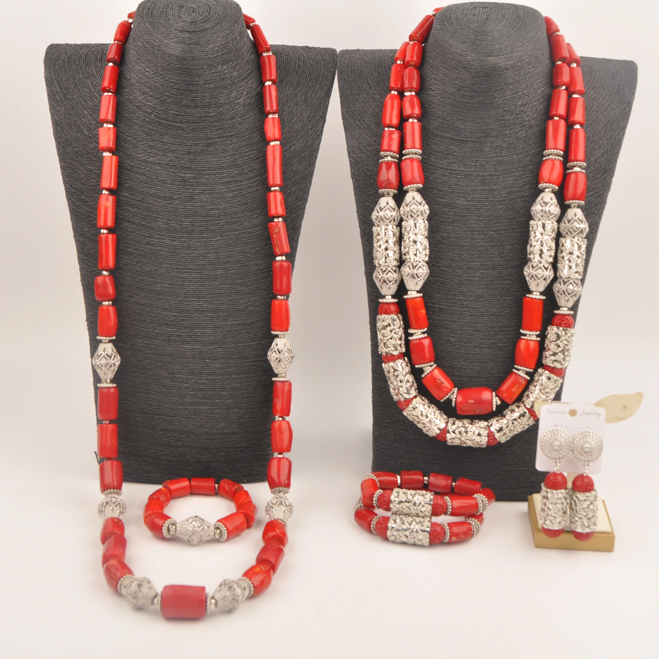 

Natural Red Coral Beads Jewelry Set for Couple Weddings