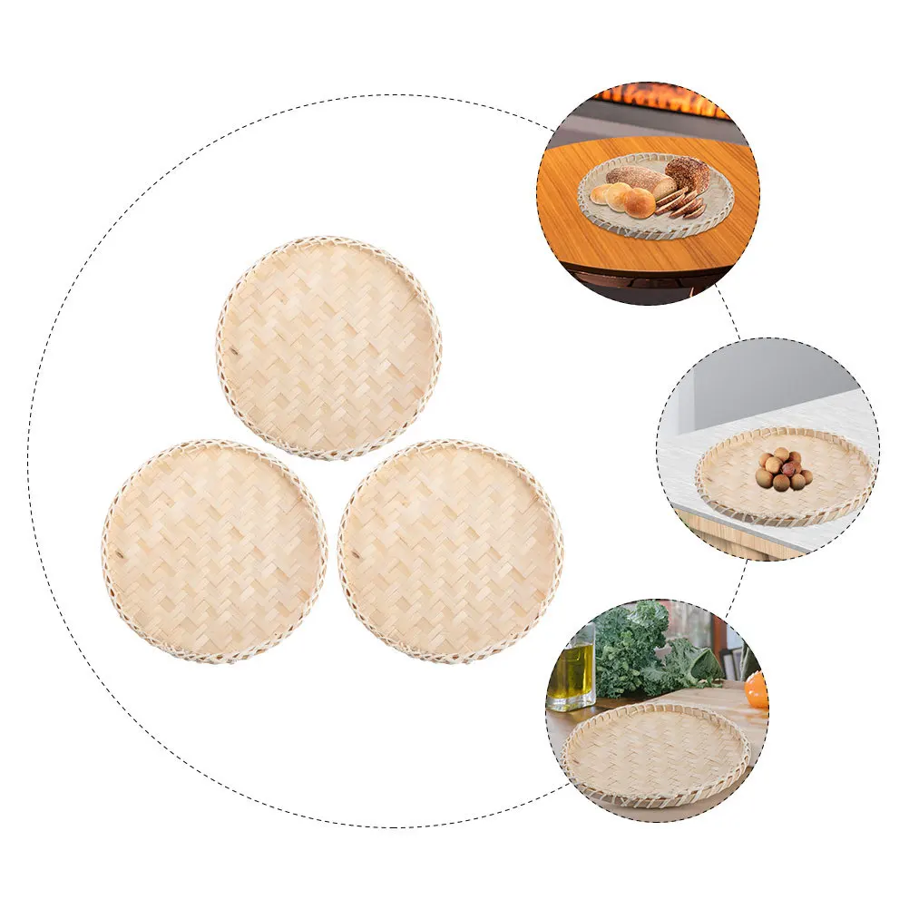 

3Pcs Bamboo Woven Tray Compact Flat Round Fruit Basket Multipurpose Storage Tray Snack Candy Holder Delicate Fruit Basket
