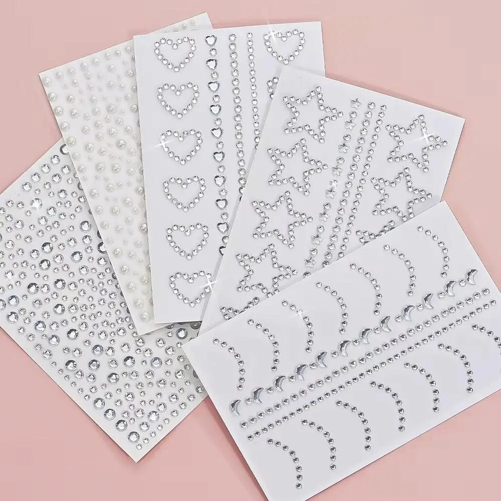 1/5pcs 3D Clear Face Decorations Rhinestone Stickers Sparkling Star/Love Jewelry Adhesive Tattoo Sticker DIY Faux Pearl Decor