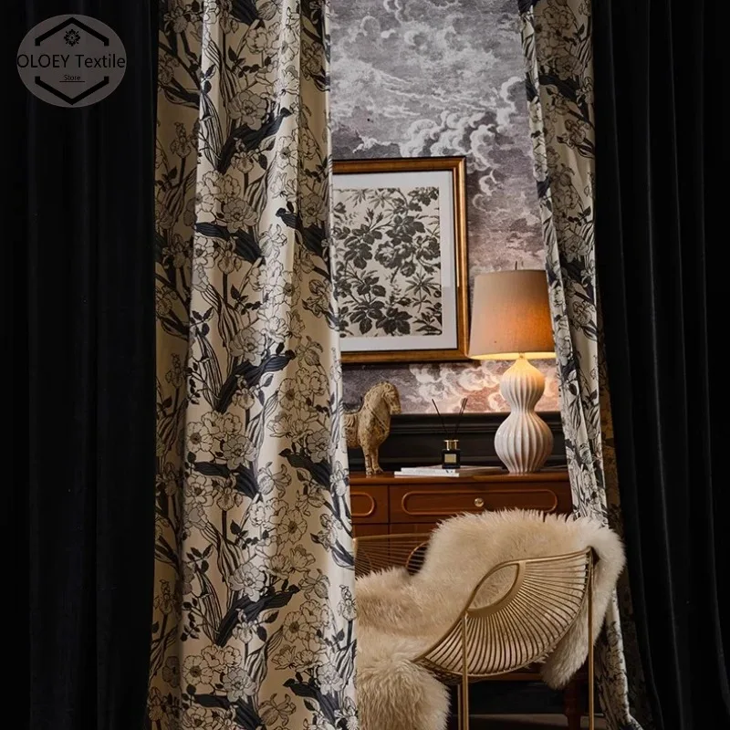 

Black Vintage American Velvet Curtains Opaque Blackout Bedroom Floral Velvet Cloth Living Room Luxurious Window Drapes Classic