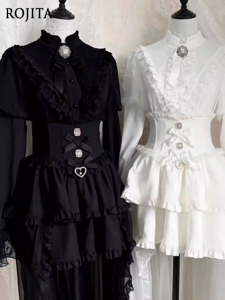 

2026 Spring New Japanese Style Gothic Long-sleeve Shir, Vintage Puff Sleeve Stand Collar Single-breasted Black Shirt with Brooch