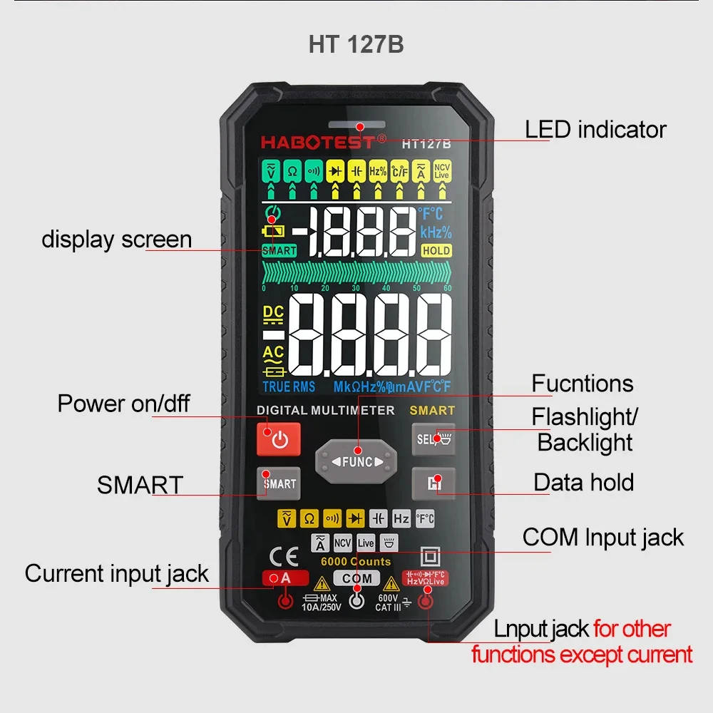 HT127B profesjonalny multimetr cyfrowy zakres Smart Auto AC napięcie prądu stałego prąd Ohm Hz 6000 liczy duży ekran True RMS Test Temp