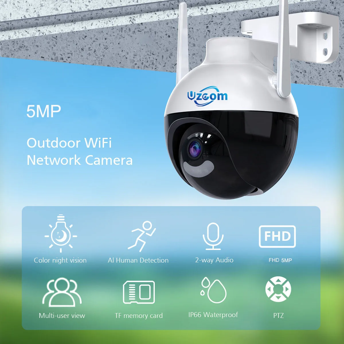 

Uzoom 5MP PTZ наружная камера наблюдения WIFI AI Обнаружение человека двустороннее аудио Цветное ночное видение Камеры видеонаблюдения ICSEE