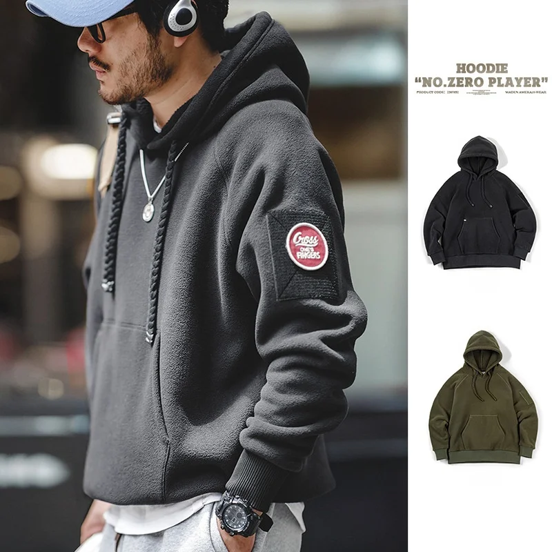 

Maden Casual Heavyweight Fce Hoodie Men's Autumn Winter Thiened Sweatirt Pure Color oulder Insert Design Hat Included