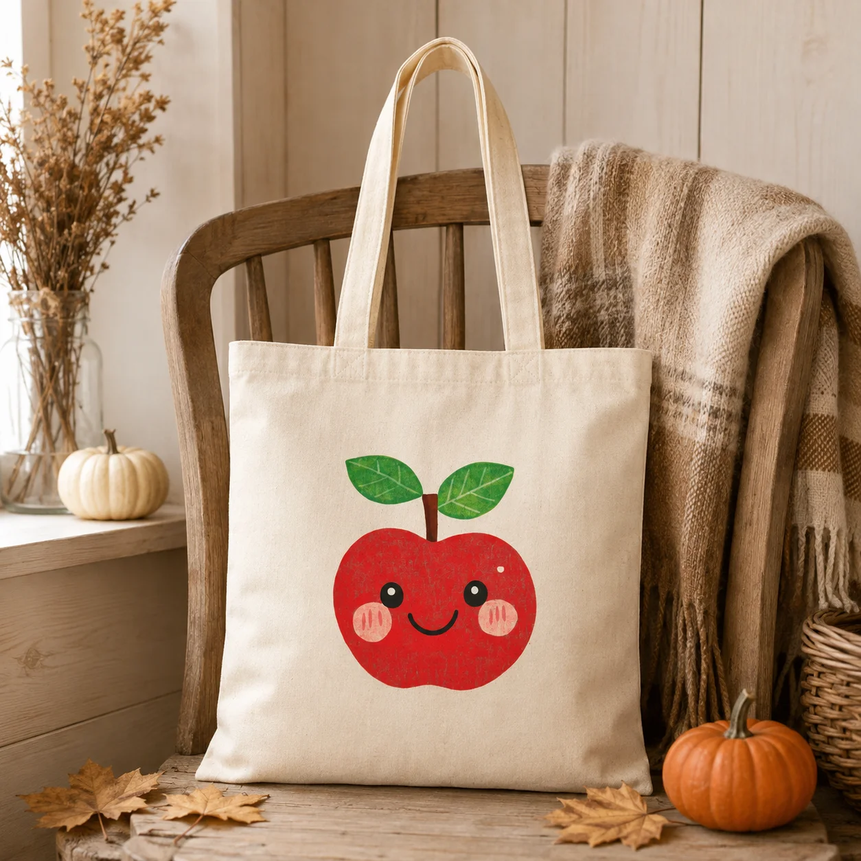 Cute Smiling Red Apple Canvas Tote Bag Retro Fruit Cartoon Print Shoulder Bag Reusable Grocery Shopping Handbag for Women