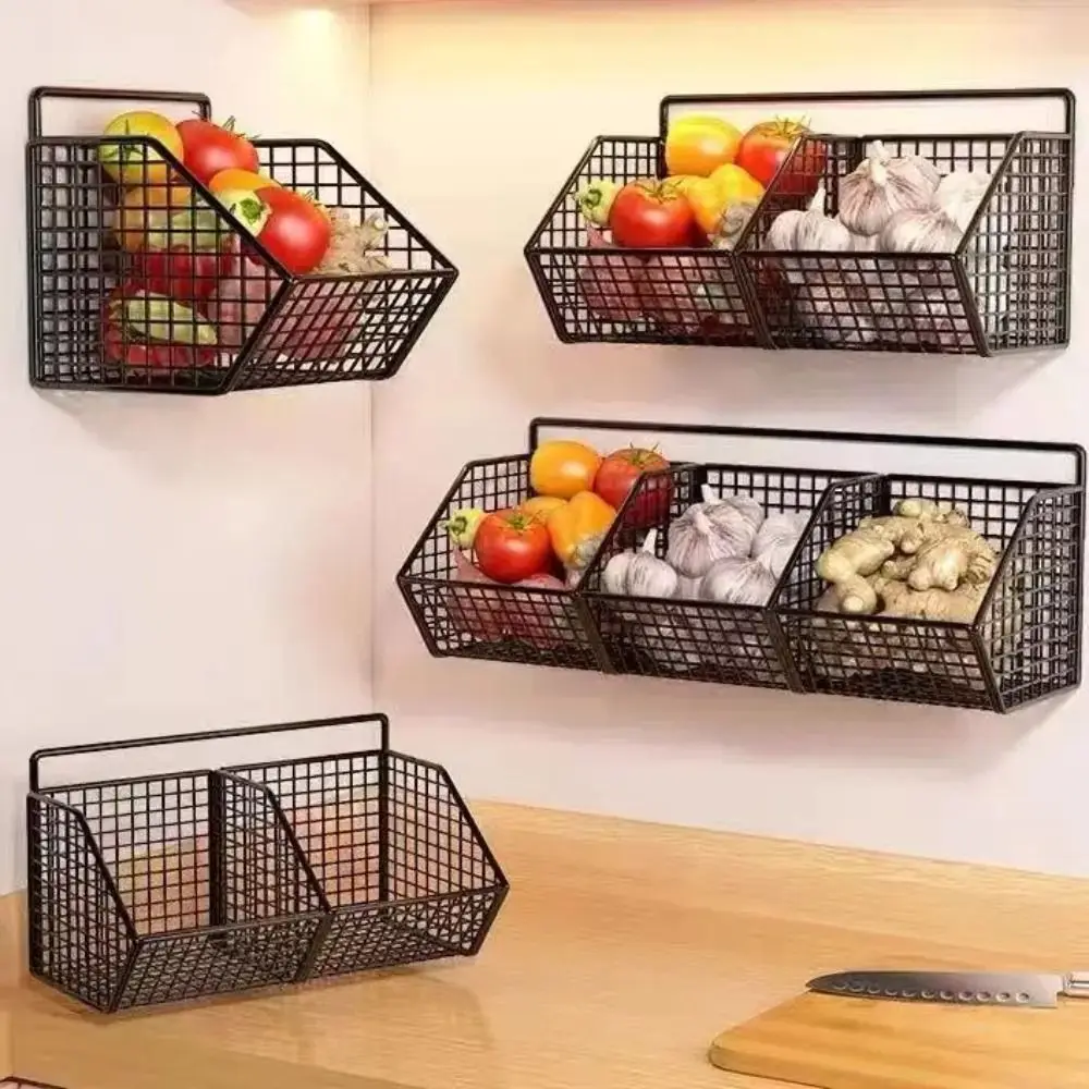 Wall Mounted Storage Rack Onion Ginger Garlic Vegetable Fruit Kitchen Waterproof Shelf Condiments Spice Punch-Free Drain Basket