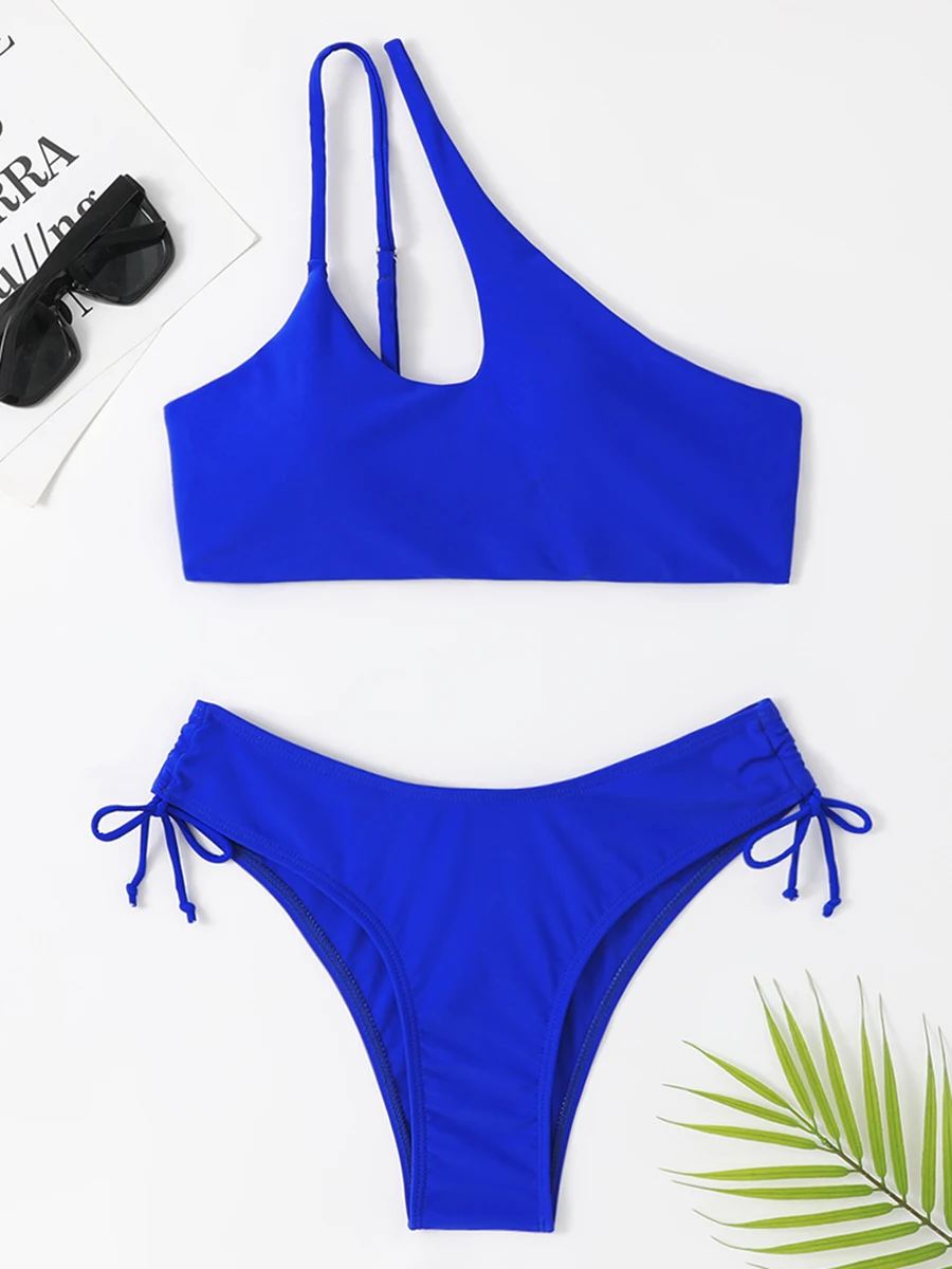 One Shoulder Bikinis 2024 Women Cut Out String Swimsuit Solid Sexy Swimwear Female Bathers Bathing Swimming Swim Suit Beachwear