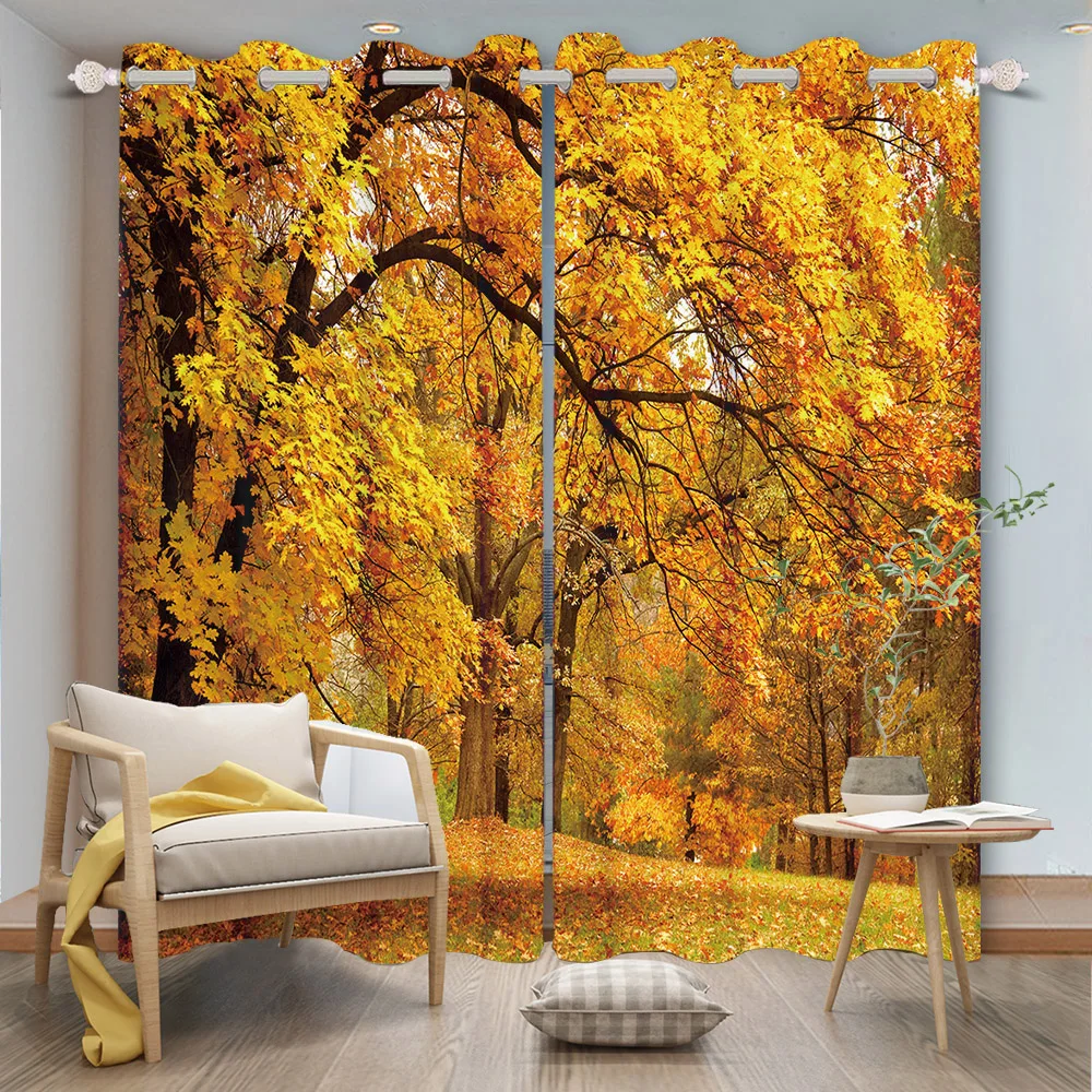 Autumn Forest Blackout Curtains Modern Fall Woodland Scenery 2 Panels Window Curtain for Bedroom Living Room Darkening Drapes ﻿