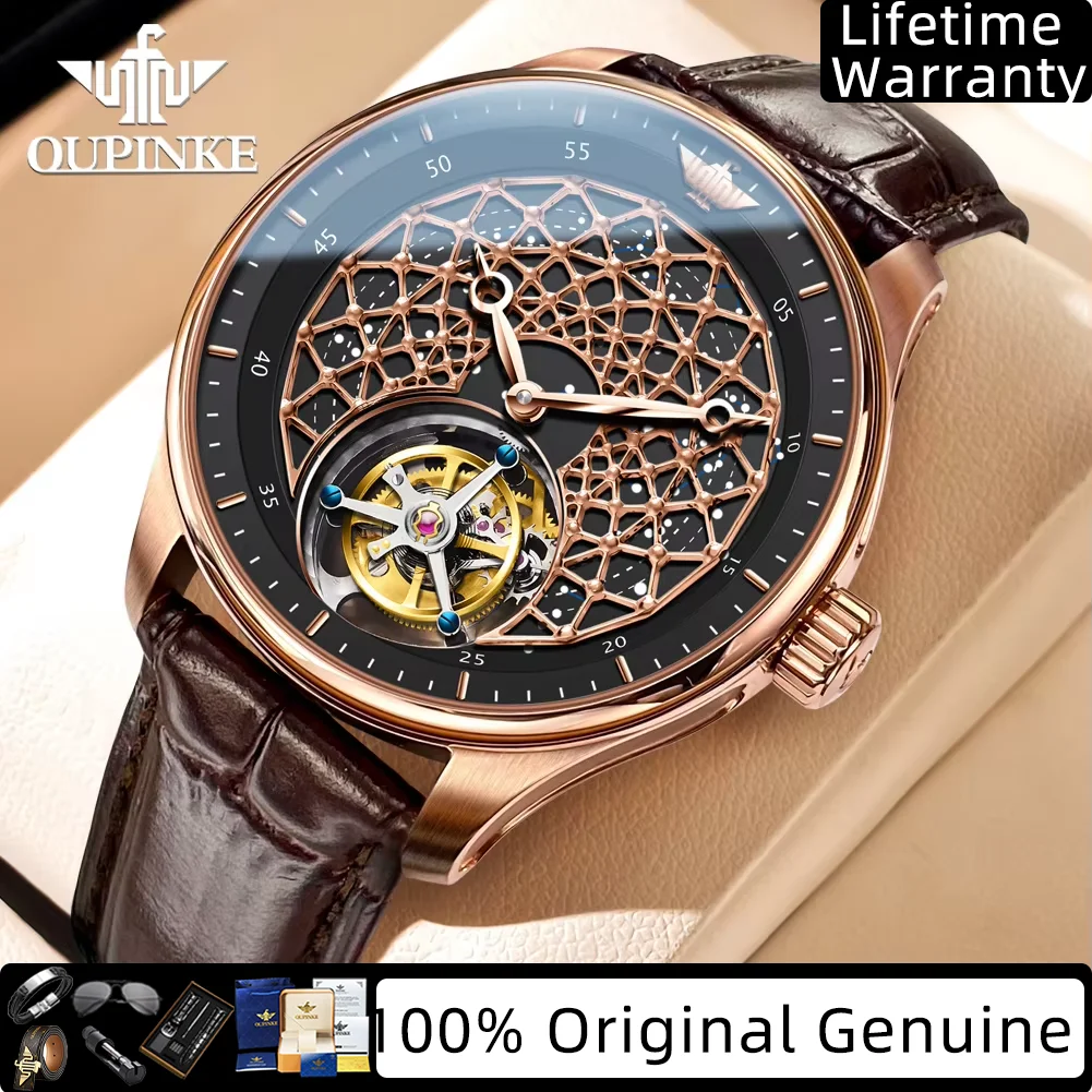 

OUPINKE Real Tourbillon Skeleton Men's Watches Sapphire Mirror Genuine Leather Strap Waterproof Mechanical Watches for Man 8002