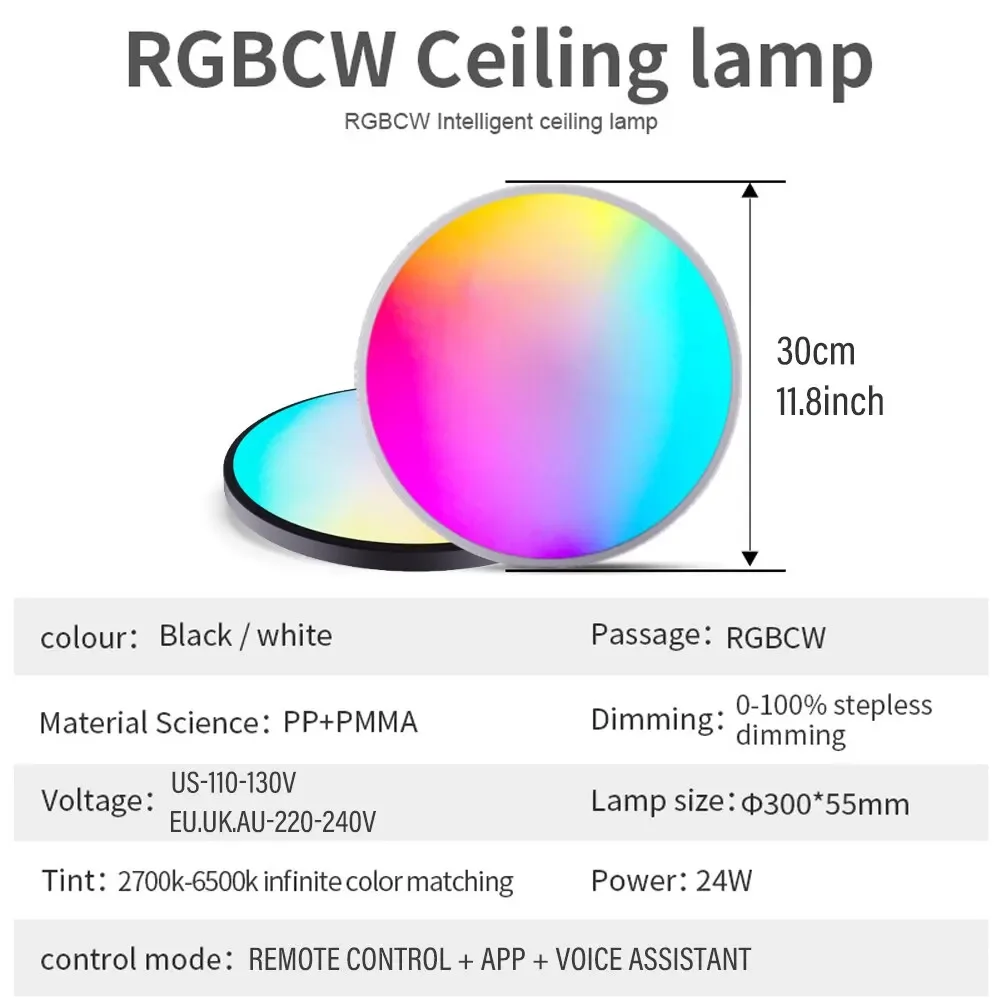 Plafonnier rond intelligent à LED, Wi-Fi, RGBCW, Tuya, compatible avec Alexa, Google Assistant, lumière à intensité variable, chambre à coucher