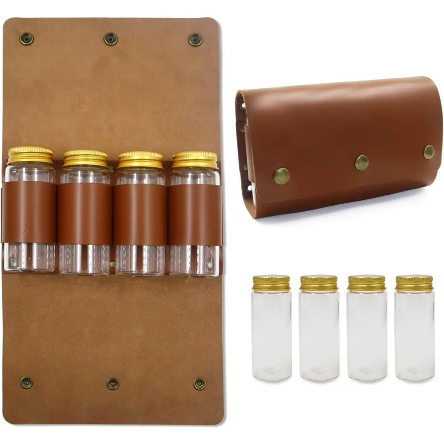 

Portable Camping Spice Storage Bag with 4 Spice Jars Camping Spice Set Kit Outdoor Spice Containers PU Leather Camping Seasonin