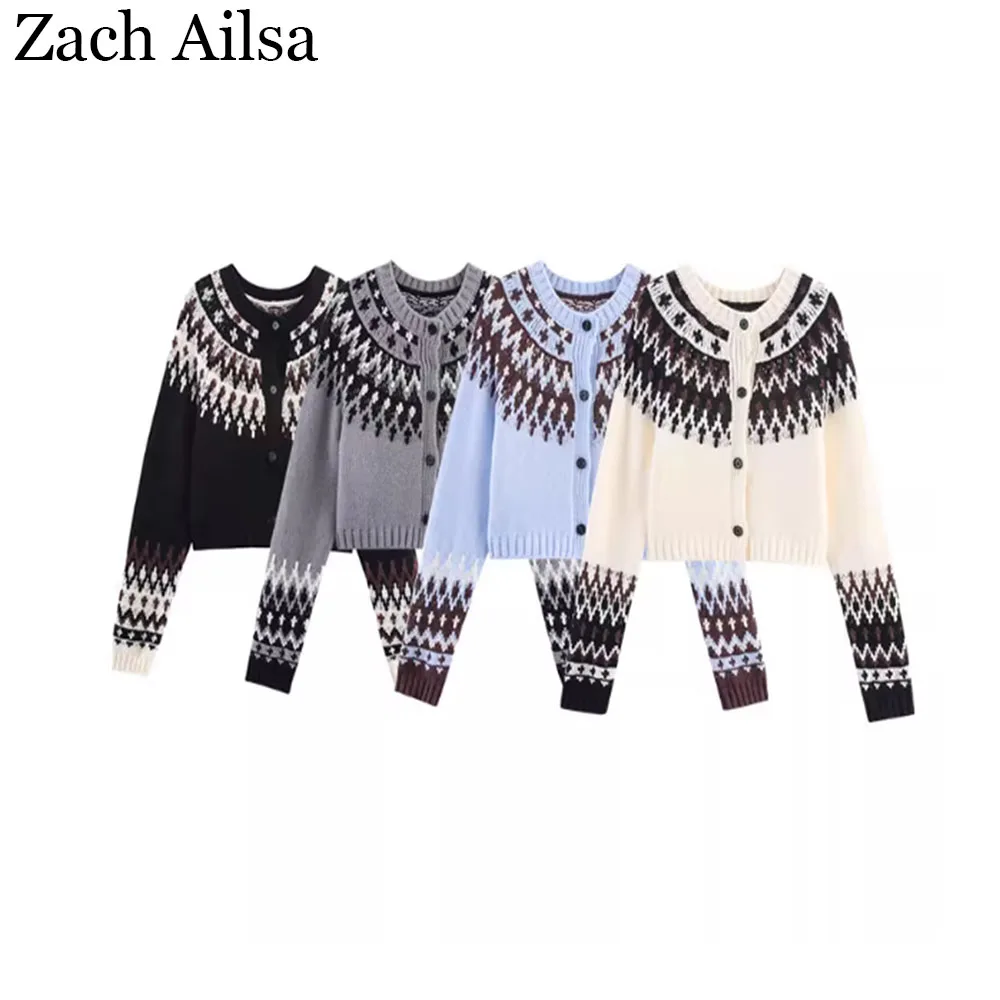 

Осенний новый женский повседневный универсальный жаккардовый вязаный кардиган с круглым вырезом и длинными рукавами