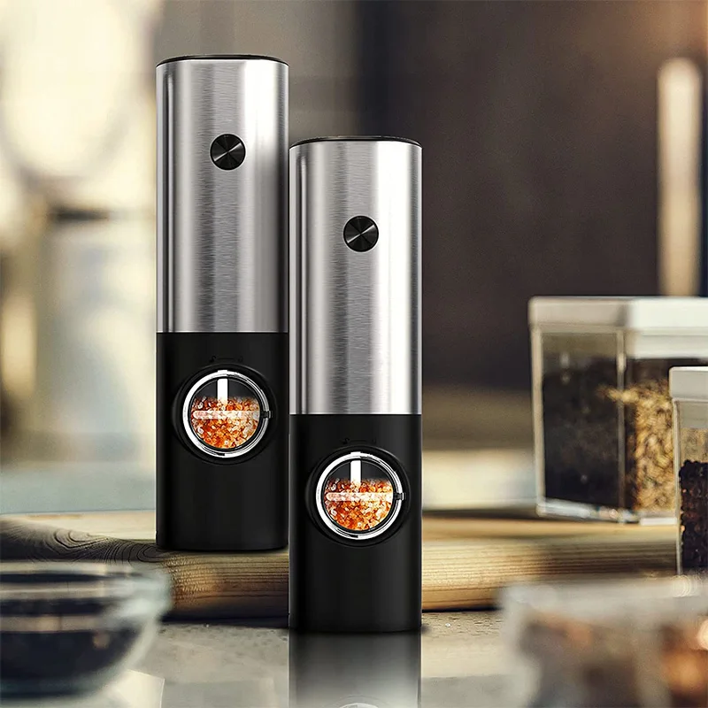 Electric Pepper and Salt Grinder Set Adjustable Coarseness Battery Powered Salt Pepper Mills with LED Light ,One Hand Operation