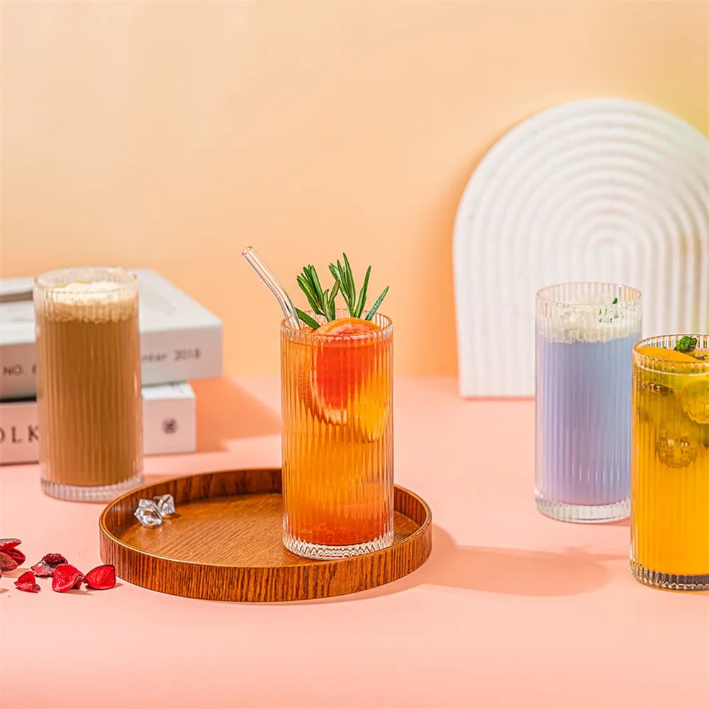 4pcs Glass Cup Vertical Stripes Drinking Glasses Cup With Straws Perfect For Beer Bubble Tea For Christmas Birthday Party