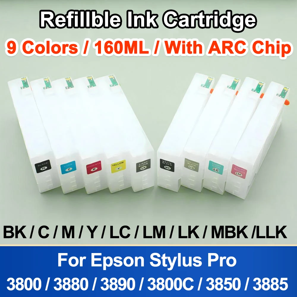 

160ML 9 Colors Refillable Ink Cartridge with Auto reset chip For Epson Stylus Pro 3800 3880 3890 3800C 3850 3885 printer No Ink