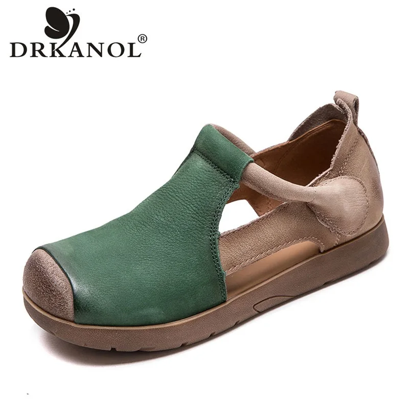 DRKANOL 2026 Summer Flat Sandals Women Mixed Colors Genuine Leather Hollow Out Sandals Handmade Retro Ladies Casual Shoes H9162J