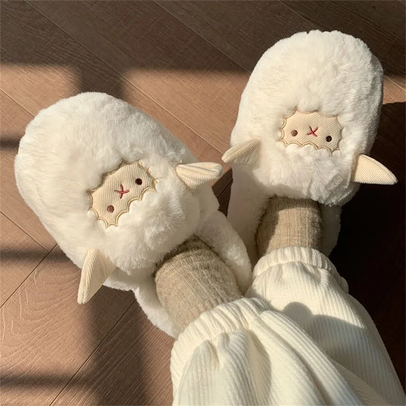 Lamb Cotton Slippers Cute Sheep Women Winter Warm Shoes Plush Lining Indoor Slides Platform High Top Snow Boots Home Slippers