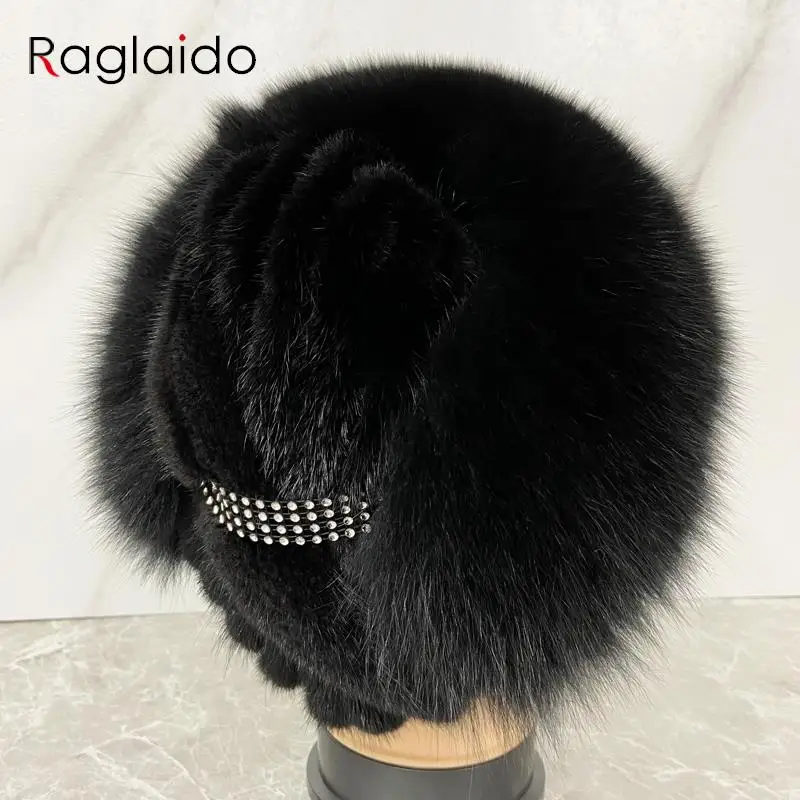 Stylish Women Winter Hat Diamond Natural Mink Fox Fur Hats Knitted Beanies Outdoor Warm Female Snow Knitting Hat