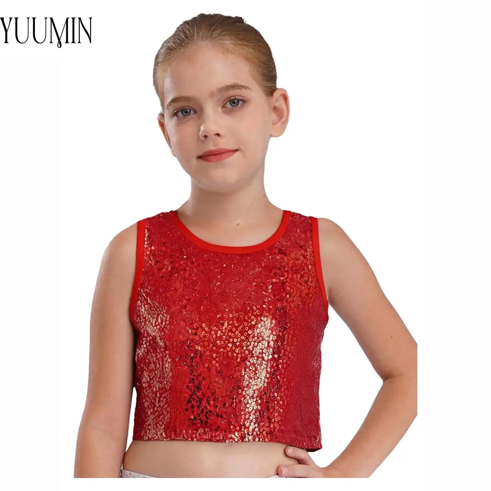 

Kids Girls Sparkling Sequins Tank Top Round Neck Sleeveless Vest School Stage Performance Crop Tops for Dance Recitals Parties