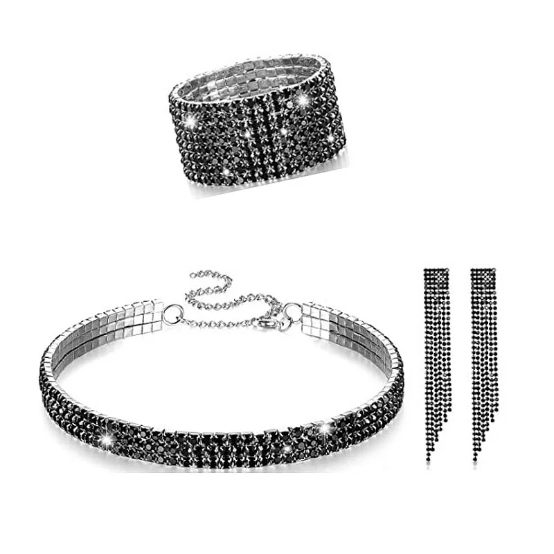 Mogaku Volledig Zwart Kristal Kettingen Armbanden Oorbellen Ringen Mode Steentjes Sieraden Sets Vrouwen Meisjes Feest Sexy Accessoires