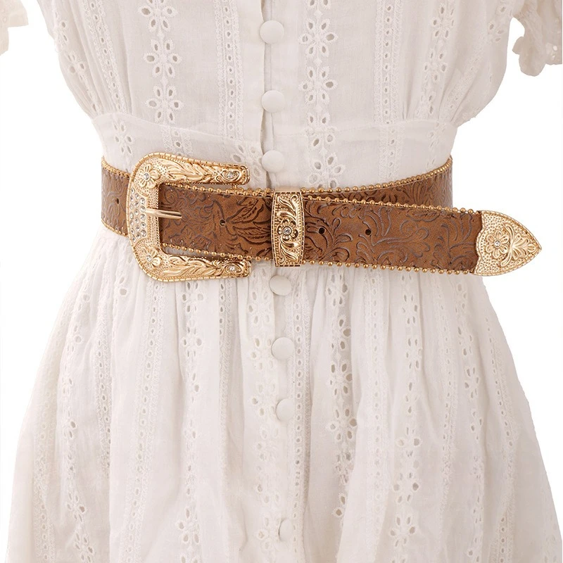Rhinestone Studded Belt for Women, Western Style Embossed Waist Belt, Fashion Jeans Belt with Gold Buckle