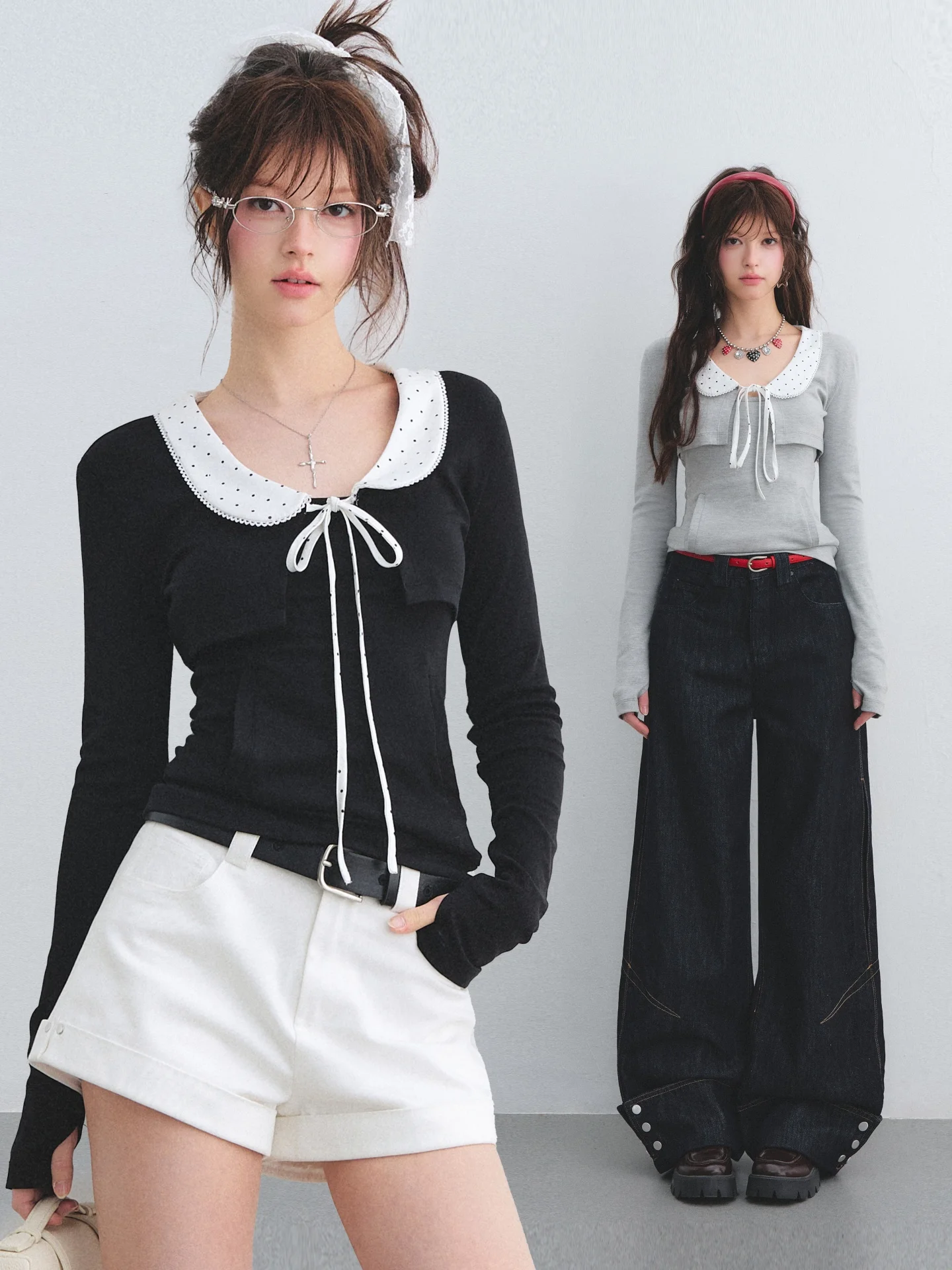 

Комплект из двух предметов AsGony: кардиган с длинными рукавами, воротником с рюшами и принтом в горошек, и облегающий повседневный спортивный топ для женщин, весна-лето