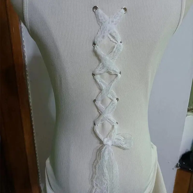 2023 Summer New Drawstring Spliced Lace European and American Short Styles Sleeveless Slim Solid Color Printed A-line Skirt