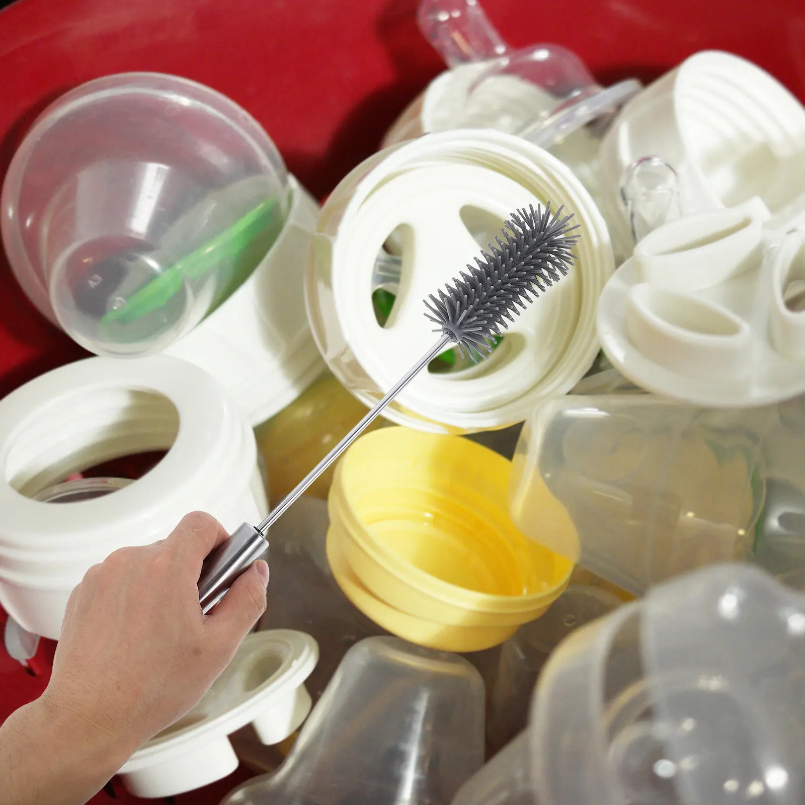 Rotating Bottle Cleaning Brush Soft Silicone Press Type Scrubber for Baby Cups Tea and Water Bottles