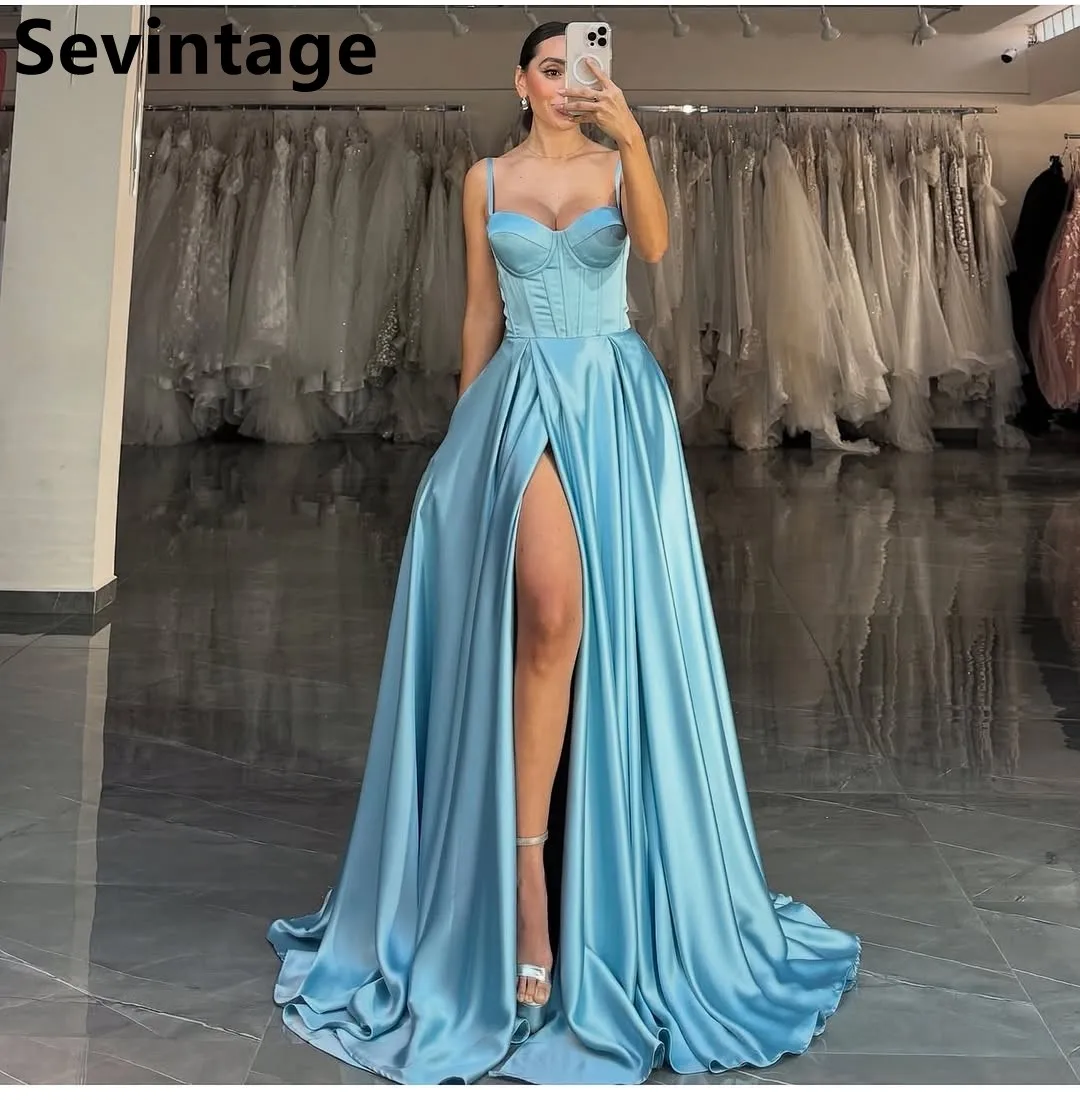 Sevintage 2025 ブルー A ラインハイスリットスパゲッティストラップイブニングドレスウェディングパーティーウエディングドレスドバイパーティードレスカスタマイズ