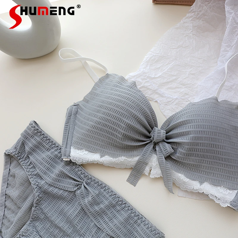

Japanese Style Bow Tie Strap Girl Underwear Small Chest Adjustment Wireless Bra Set Women's Push Up Sweet Brief Suits