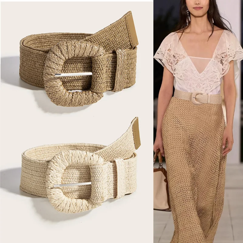 Braided Waist Belt Female Vintage Boho PP Fake Straw Wide long Belts Waist Strap For Women round square buckle dress decorative