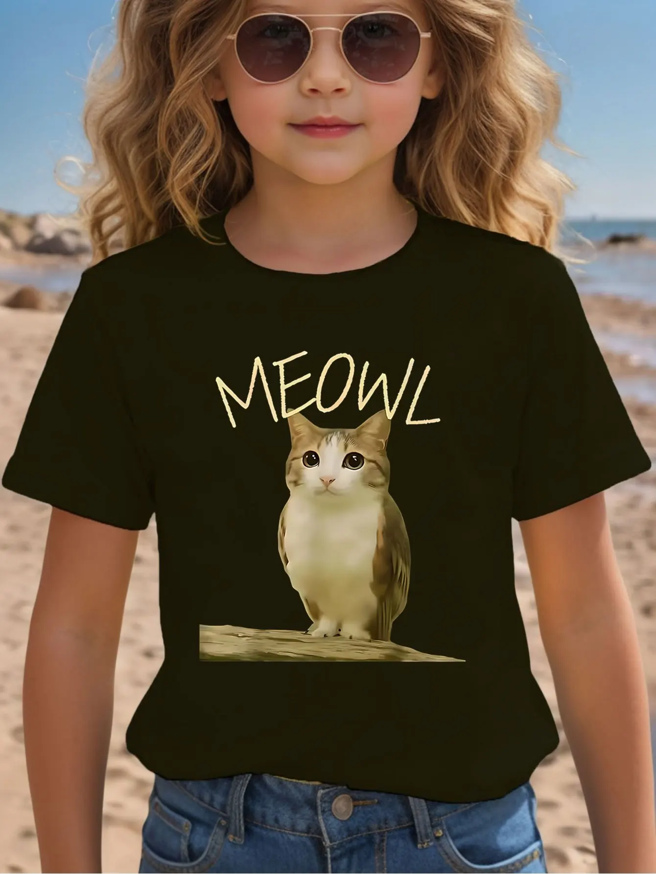 Funny Cat Face Owl Meowl Text Print Kids T Shirt Boys Girls Family Matching Parent Child Summer Crew Neck Children Daily Tee