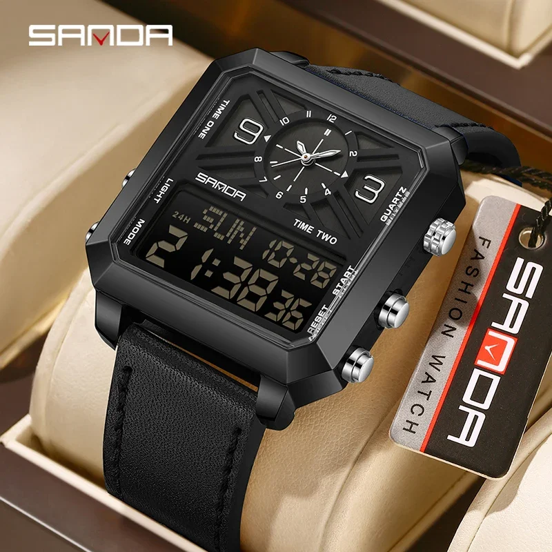 SANDA Business Sports Square Dual Display Men's Quartz Watch Waterproof LED Analog Digital Countdown Electronic Male Wristwatch