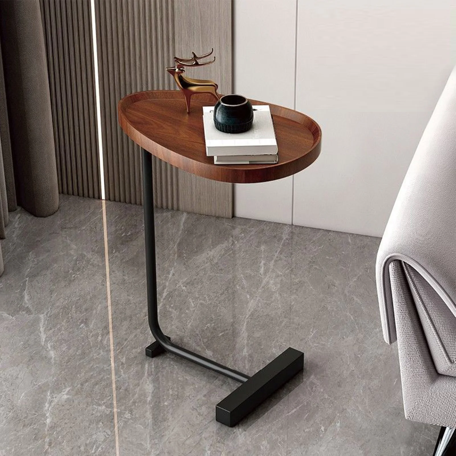 Small Side Table Modern Dark Wood Grain Space Saving C Shaped End Table for Living Room Sofa Hotel Small Side Table for Couch