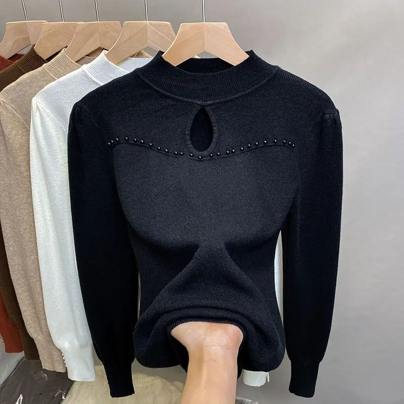 Jersey de punto acampanado bordado con cuello de media altura de gran tamaño para mujer, suéter de oficina para mujer, jerséis calados, camiseta superior