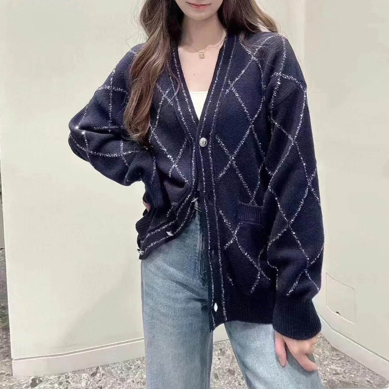 High-End Version European Design Loose Fit V-Ne Open Cardigan Knitted Sweater Deep Blue iny Plaid Women's Outerwear