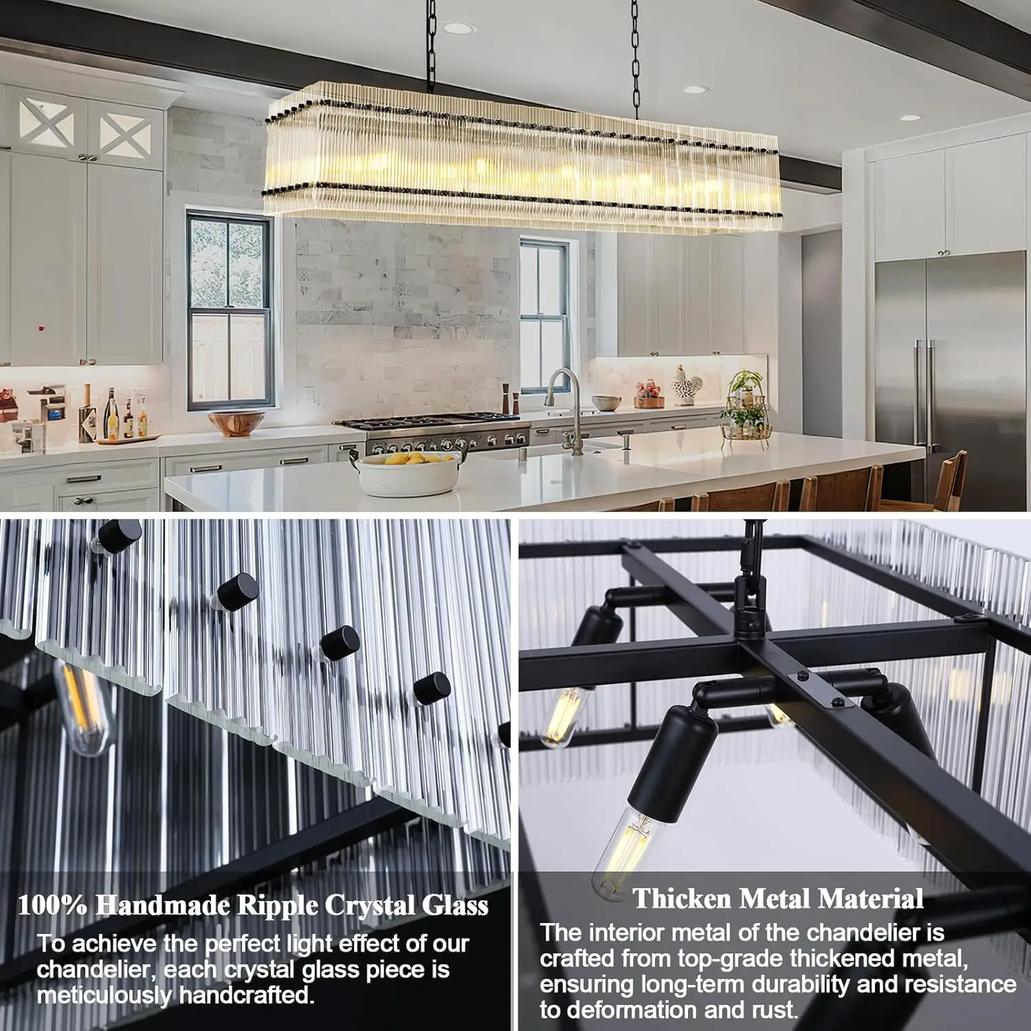 Modern Rectangular Crystal Glass Chandelier, 10-Lights Black Chandelier Lighting Contemporary Pendant Ceiling Light Fixture