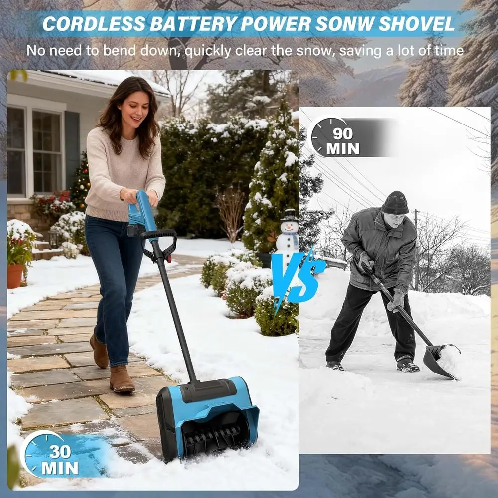 مجرفة ثلج لاسلكية مع بطاريتين وشاحنين 4.0AH، مجرفة ثلج كهربائية بعرض 10 بوصة، عمق 6 بوصة، مسافة رمي 26 قدم، Sn