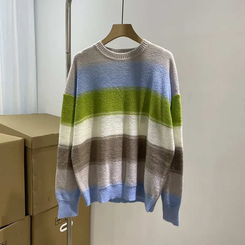 Autumn Winter New Alpaca Hair Mohair Blend Lazy Leisure Colorful Striped Women's Sweater Senior Sense of Youth Fashion Students