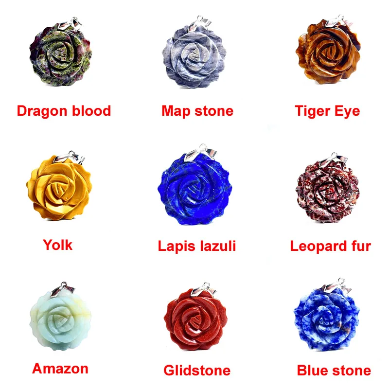 New 35MM Crystal Carved Single Sided Rose Pendant Tiger Eye Lapis Lazuli Amazon Symbolic Couple Love Romantic Jewelry Gift