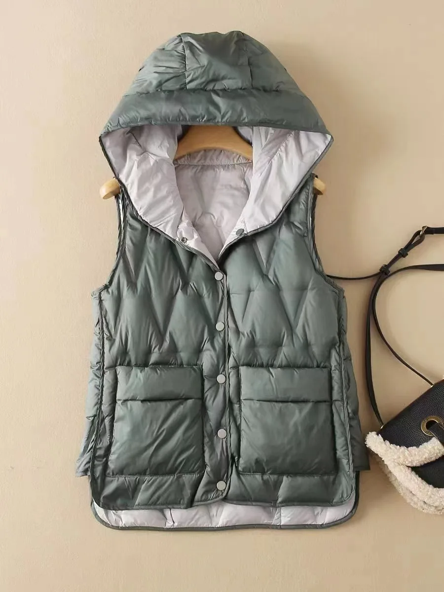 Autumn Winter Light Thin White Duck Down Vest Coat Women Warm Down Waistcoat Jakcet Ladies Loose Bigsize Sleeveless Hooded Tank