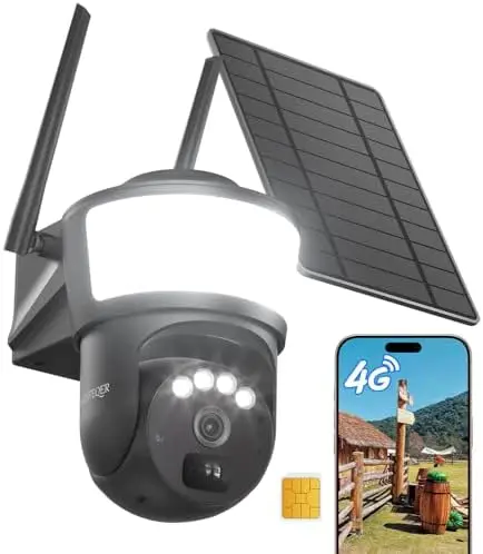 

Solar 4G LTE Security Camera, No WiFi Outdoor, 2K Color Night Vision, 360° PTZ, Powerful Spotlight for Home, Farm, RV