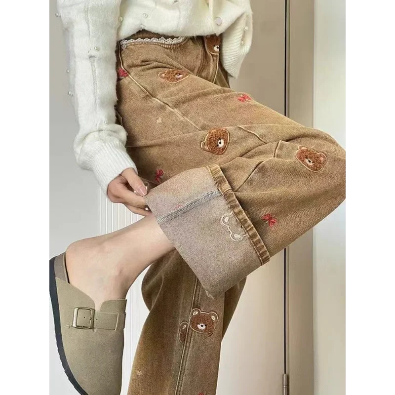 Sweet Bear Embroidered Denim High Street Niche Retro Lace Splicing Versatile Wide-leg Pants