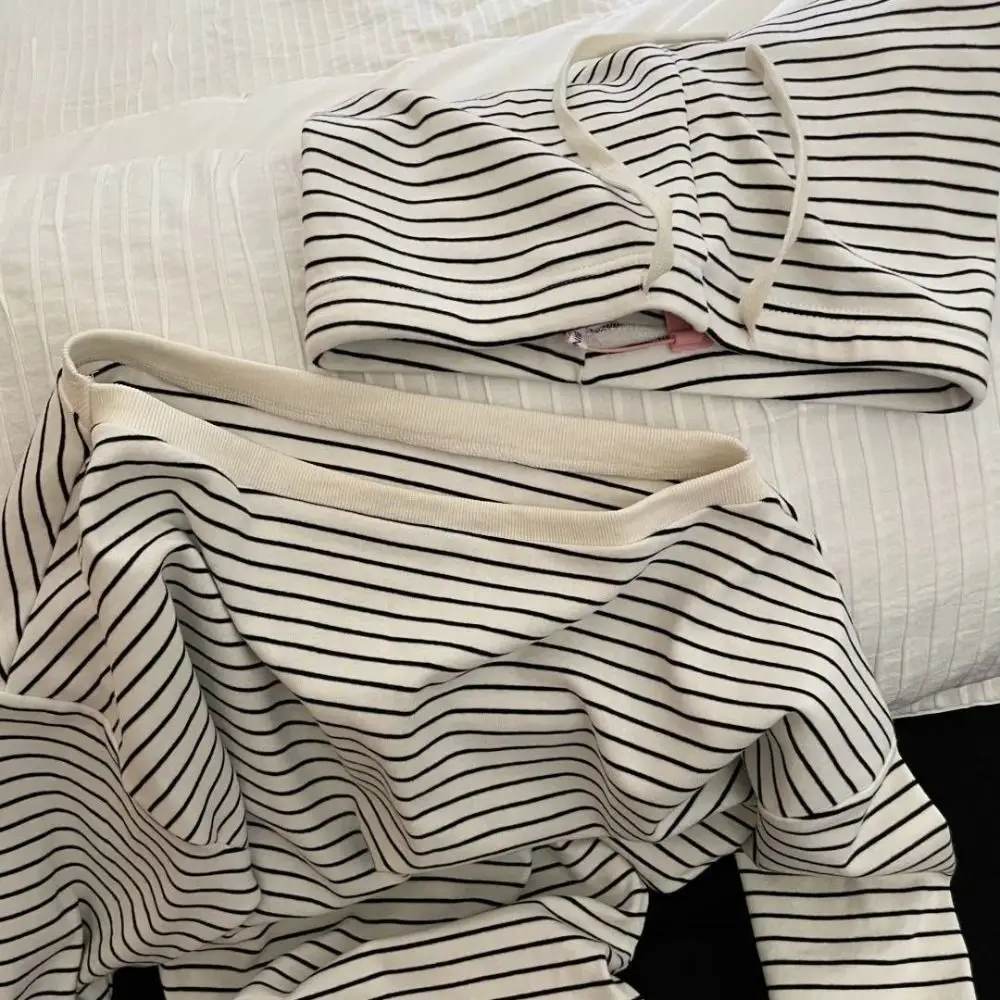 Comfortable Off Shoulder Long-Sleeved Pajamas Long Sleeve Drawstring Waist Pajamas Set Two Piece Home Wear Set Outerwear